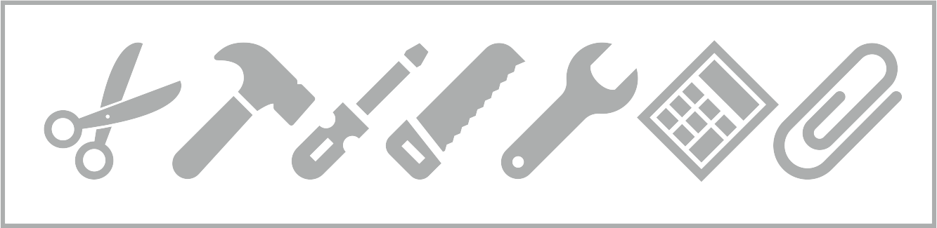 Symbole von Schere, Hammer, Säge, Schraubendreher, Schraubenschlüssel, Taschenrechner und Büroklammer, um diverse Gewerke im Handwerk darzustellen