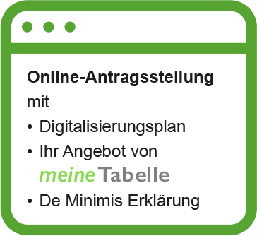 Schaukasten mit den Worten: Online-Antragstellung mit Digitalisierungsplan, Ihr Angebot von meineTabelle, die Minimis-Erklärung