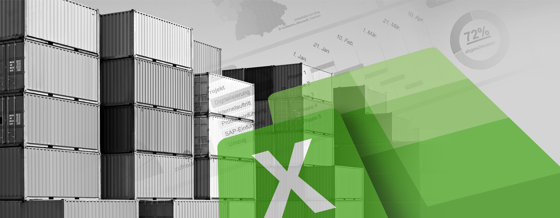 Container mit einer auf Excel basierenden Software-Oberfläche im Hintergrund sowie einem X auf grünem Grund