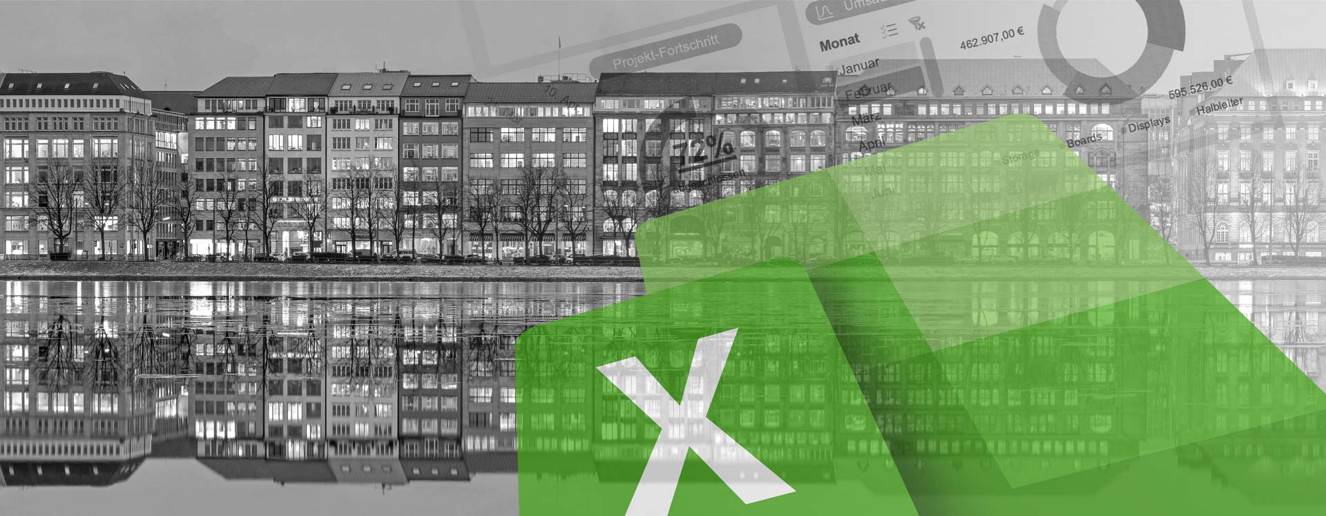 Blick auf den Hamburger Häuser am Wasser mit einer auf Excel basierenden Software-Oberfläche im Hintergrund sowie einem X auf grünem Grund