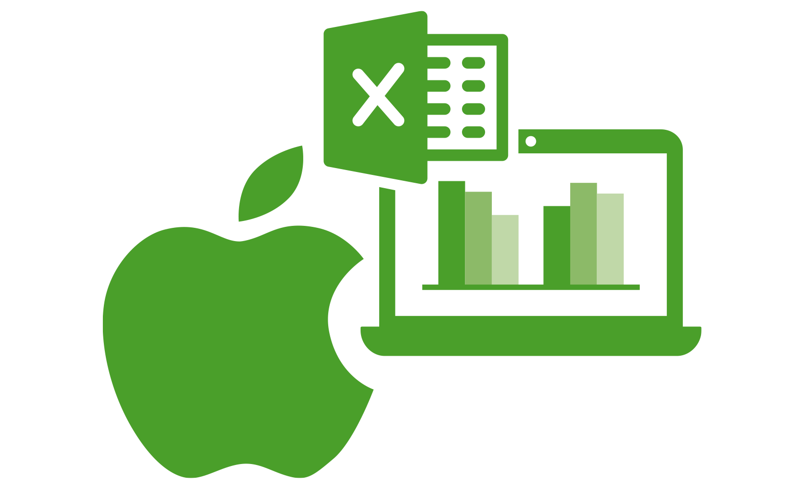 Integration von Excel auf Apple iMac Apple Logo vor Symbol eines Laptops, auf dem eine Office-Anwendung läuft - zur Darstellung der Integration von Excel auf dem Apple iMac