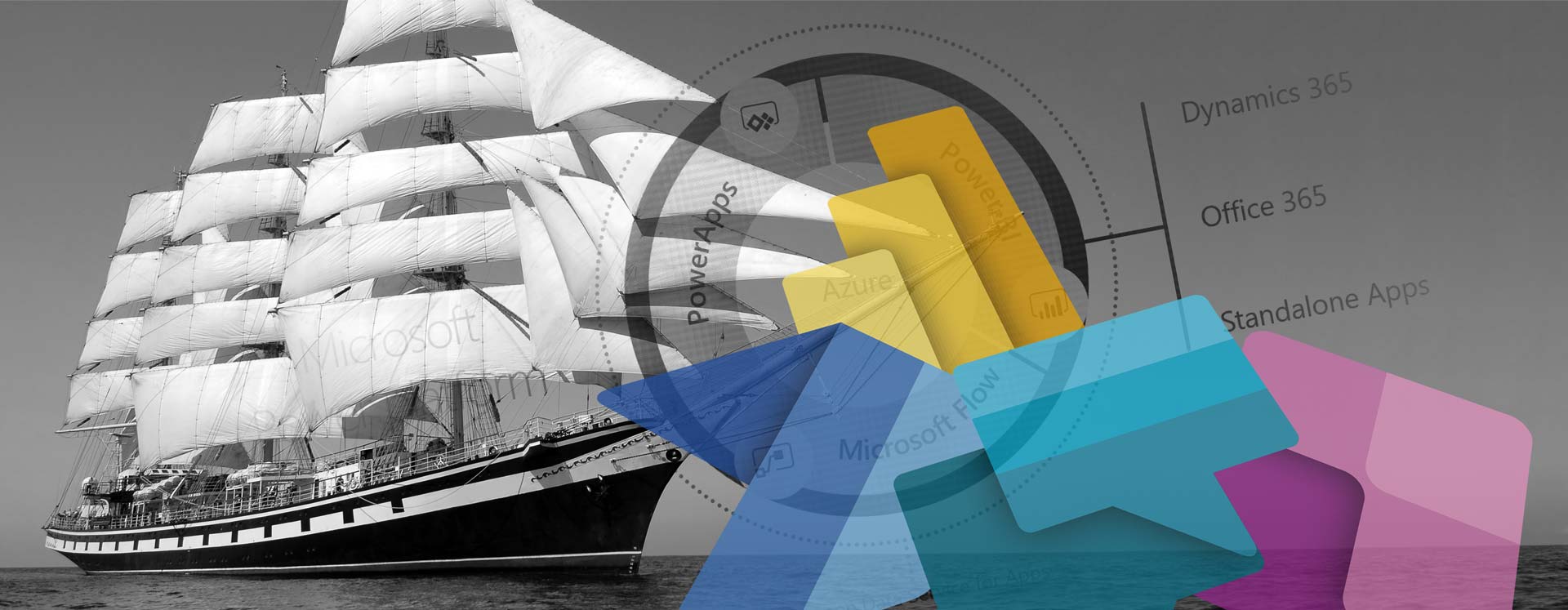Mehrere Logos verschiedener Microsoft Office- und Microsoft Power-Anwendungen liegen halb-transparent vor einem schwarzweißen Foto eines Segelschiffs